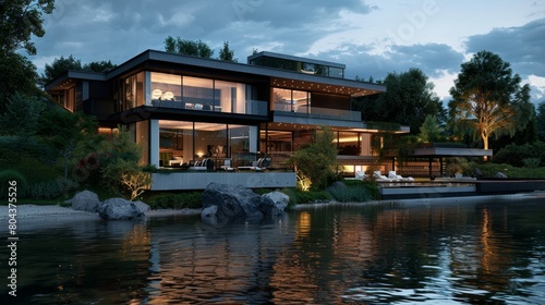 3d rendering of modern house by the river at morning, house, luxury, villa, modern, architecture, building, exterior, residential, property, designer