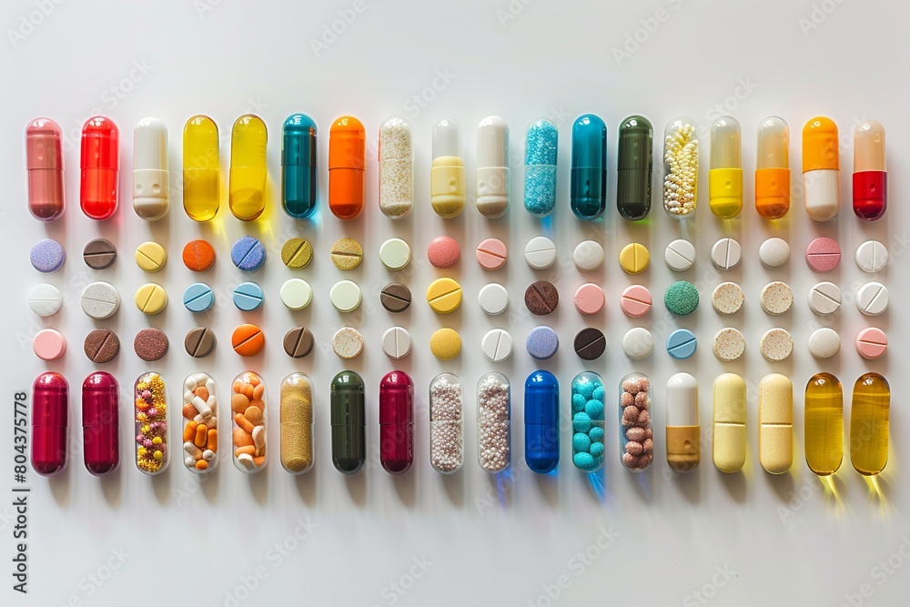 Vivid display of various colorful pills and capsules, including critical care medicines, artistically spread across a patterned fabric, highlighting health and medication. Vivid display of various colorful pills and capsules, including critical care medicines, artistically spread across a patterned fabric, highlighting health and medication.