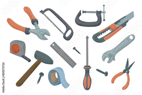 Set of hand drawn repairing tools in flat style for prolongation of things lifetime. Vector clipart of items for maintain of home isolated on white background. Sustainability and upgrade concept