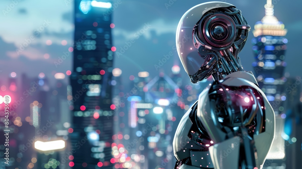 Generate a cinematic concept art of a robot standing on a rooftop overlooking a futuristic city Generate a cinematic concept art of a robot standing on a rooftop overlooking a futuristic city