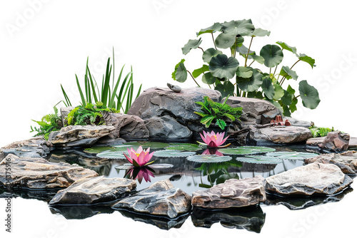 A tranquil pond with water lilies floating on the surface in a lush garden, isolated on solid white background.