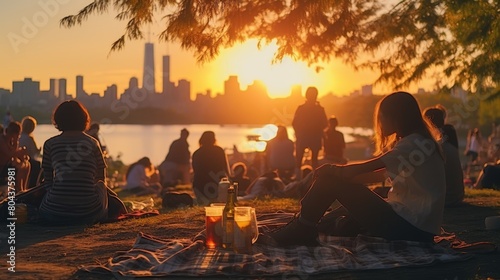Aerial view  central park nature and people picnicking near manhattan skyscrapers at sunset