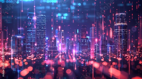 cityscape with space and neon light effect. Modern hi-tech, science, futuristic technology concept. Abstract digital high tech city design for banner background