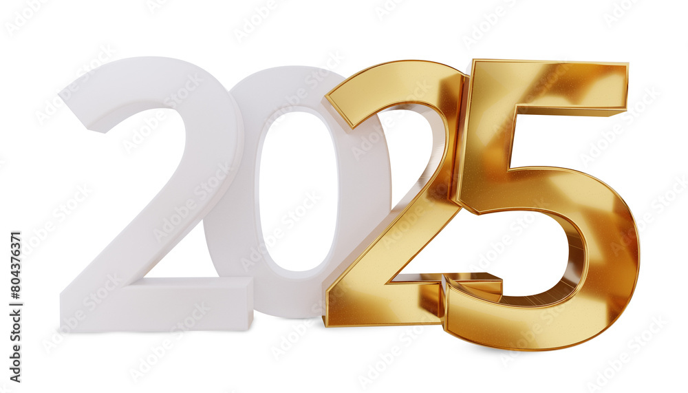 2025 white golden symbol number 3d-illustration, metallic glossy isolated new years change 2025 white golden symbol number 3d-illustration, metallic glossy isolated new years change