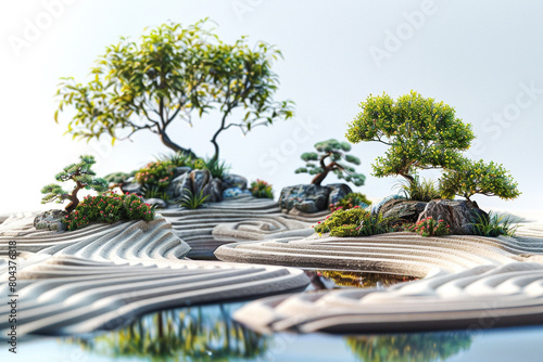 A tranquil zen garden with raked sand and bonsai trees under a clear blue sky, isolated on solid white background.