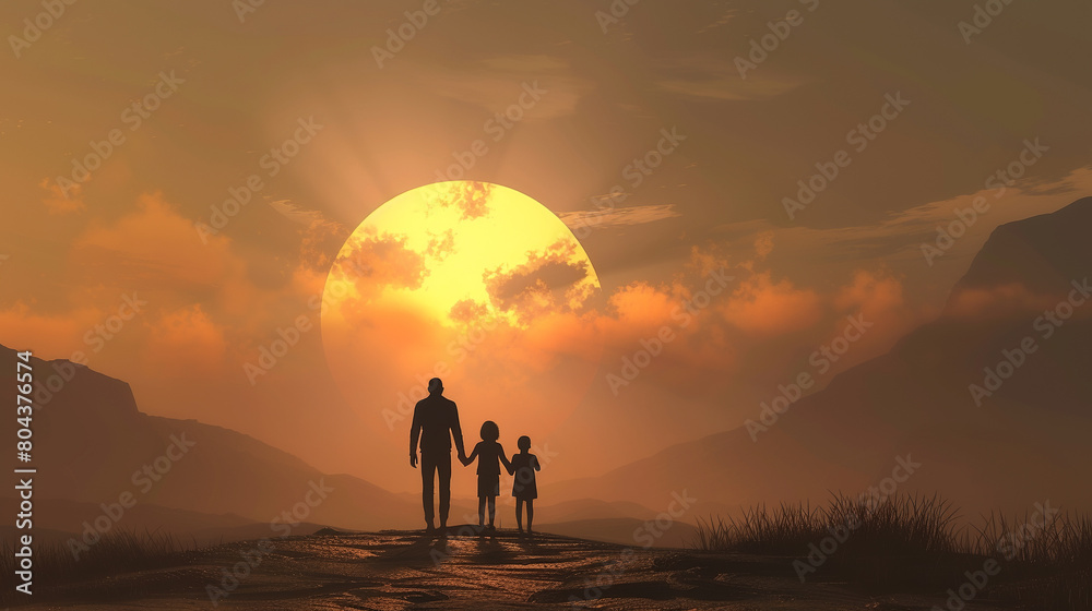 The silhouette of a father and his two children walking into the sunset.