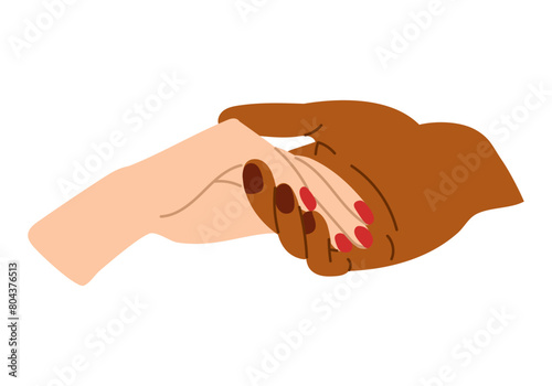 Two diverse hands of people touching each other in relationship. Love, trust, wedding, marriage concept. Vector flat hand drawn composition isolated on white background
