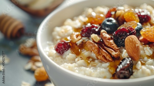 A warm bowl of creamy oatmeal topped with a variety of toppings such as nuts dried fruit and honey ready to be enjoyed in the comfort of bed.