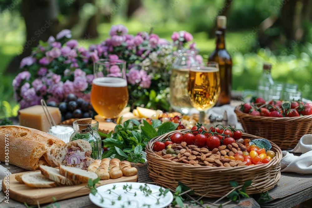 A forest glade picnic with a spread of summer treats, Picnic in summer park with food and drink A forest glade picnic with a spread of summer treats, Picnic in summer park with food and drink