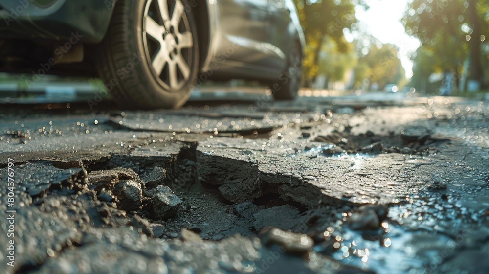 car wheels running and closed up Very bad quality street with potholes. have tree. Damaged asphalt pavement road with potholes in city, dangerous, broken, garage car wheels running and closed up Very bad quality street with potholes. have tree. Damaged asphalt pavement road with potholes in city, dangerous, broken, garage