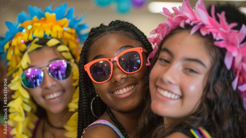 A photo booth is set up with props and funny signs encouraging students to take memorable pictures with their friends.