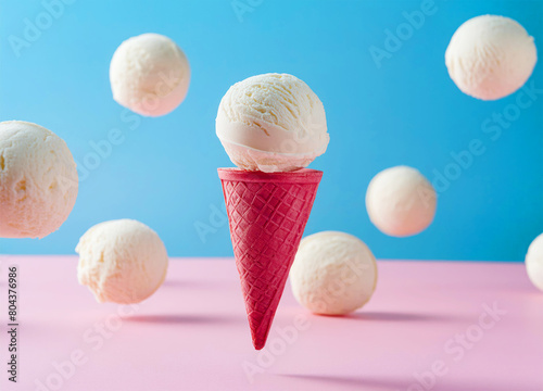 Levitation Ice cream scoops against pastel pink and blue background
