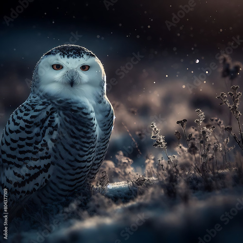 Snowy owl isolated on black background. Birds in nature. owl in the night. Portrait of beautiful Snowy owl. Bubo scandiacus. owl. white owl. Snowy owl. polar owl. Arctic owl. Aves. Eukaryota. owl eyes photo