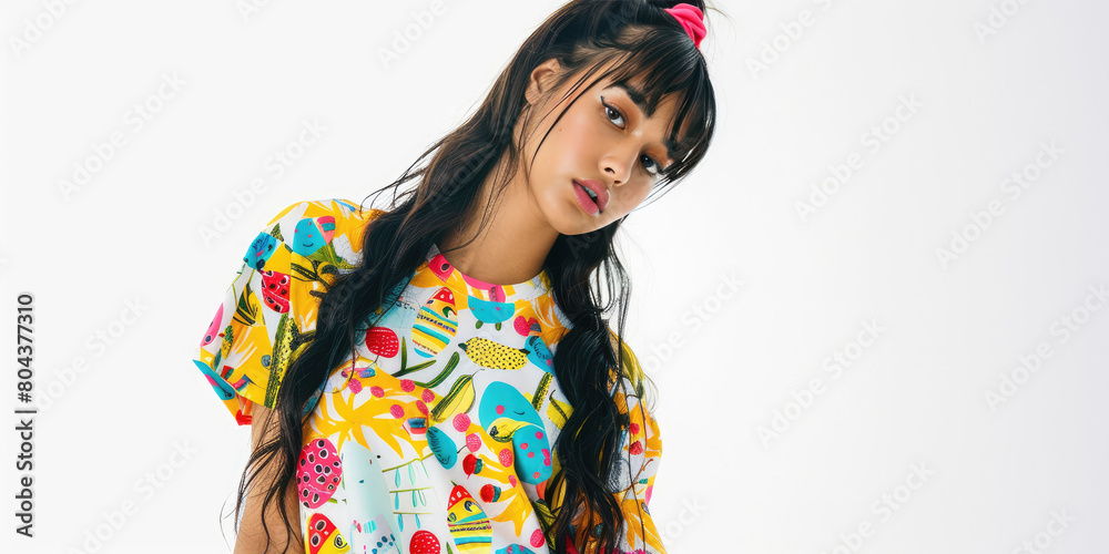 Portrait of young beautiful woman in bright summer clothes with colorful pattern on simple background with copy space. Spring collection of clothes. Portrait of young beautiful woman in bright summer clothes with colorful pattern on simple background with copy space. Spring collection of clothes.