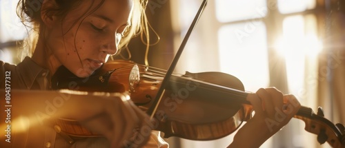 A young woman plays the violin in a sunlit room. The music is both beautiful and sad. The woman's face is serene, but photo