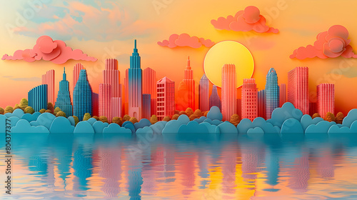 Vibrant Paper City Skyline Reflected in Tranquil Waters at Sunset