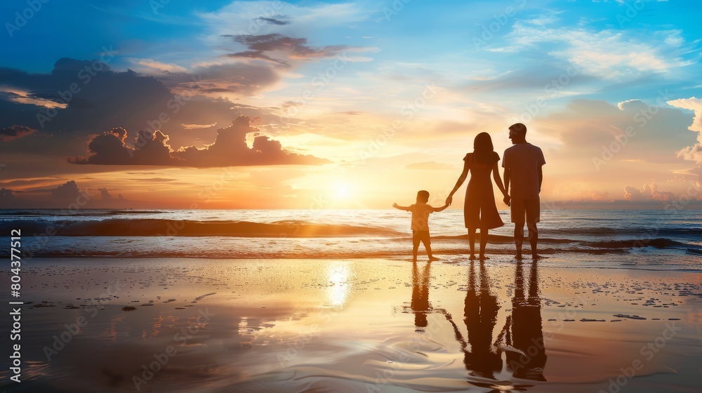 silhouette of happy family at the beach. International Day of Families concept