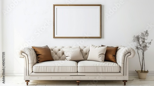 interior design of modern living room with beige fabric sofa and cushions. White wall with frame and space for text, living, furniture