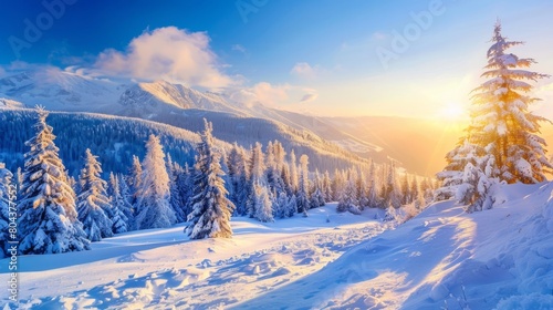 Incredible winter landscape with snowcapped pine trees in frosty morning. Amazing nature scenery in winter mountain valley. Awesome natural Background. Soft light effect. High quality photo © AminaDesign