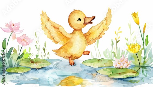 A cute yellow duckling is playing in a pond. The duckling is surrounded by water lilies and other plants. The duckling is happy and carefree.