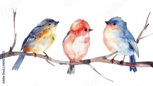 A watercolor painting of three birds sitting on a branch © JK_kyoto