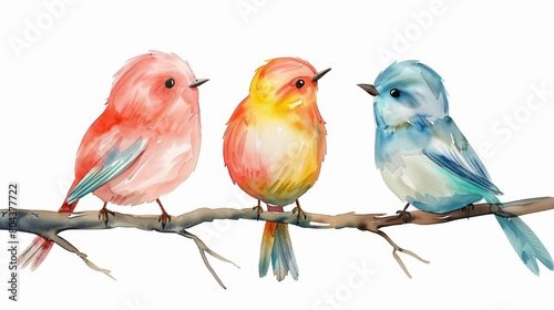 A watercolor painting of three birds sitting on a branch. The birds are pink, yellow, and blue. The painting has a soft, whimsical feel.