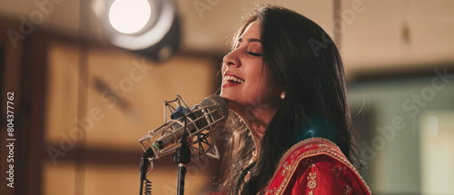 A young woman in a red and gold kameez is singing into the microphone of an old-fashioned spring arm mic. photo