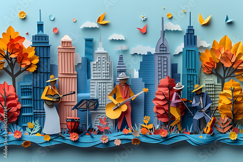 Vibrant Paper Cityscape with Street Performers and Autumn Foliage photo