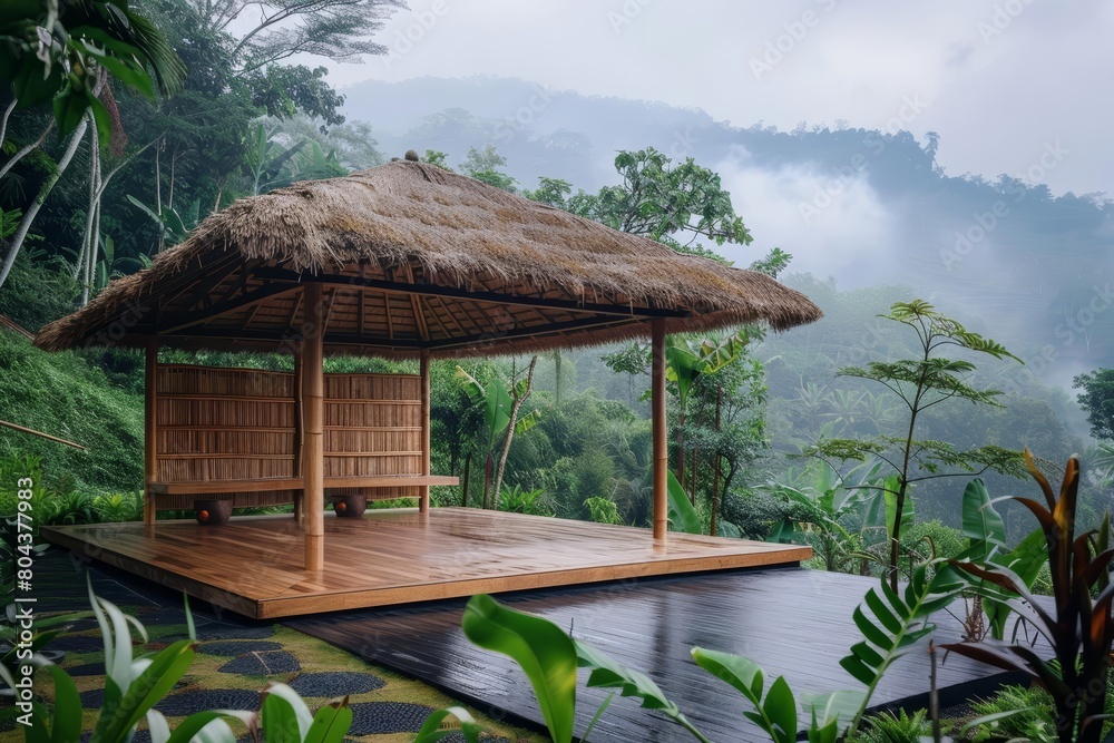 Thatched roof pavilion in the middle of a lush tropical forest. Wooden floor, bamboo walls. Amazing view of the valley. Perfect place for yoga and meditation. Thatched roof pavilion in the middle of a lush tropical forest. Wooden floor, bamboo walls. Amazing view of the valley. Perfect place for yoga and meditation.