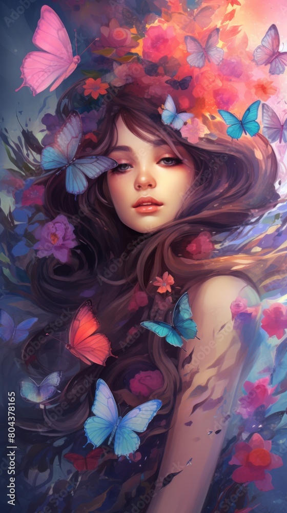 A girl surrounded by a fluttering halo of colorful butterflies. A girl surrounded by a fluttering halo of colorful butterflies.