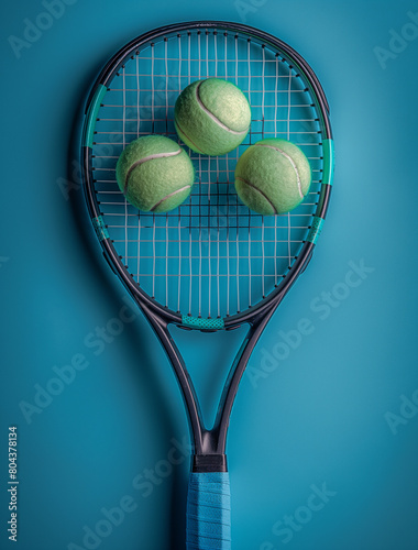 Closeup photo of tennis racket with balls , isolated on blue background. © _chupacabra_