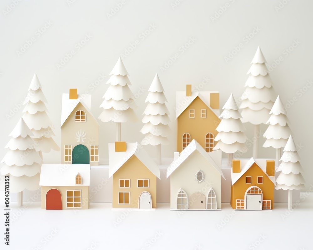 A small paper village with white pine trees