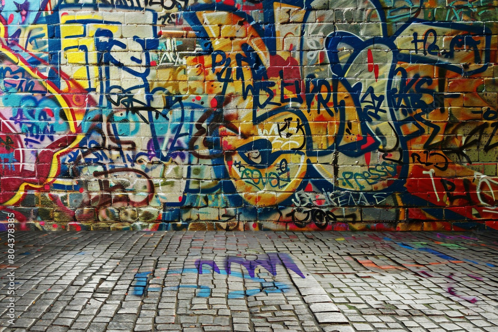 Fototapeta premium A bold background with an urban graffiti wall texture, featuring vibrant street art in a mixture of colors and styles.