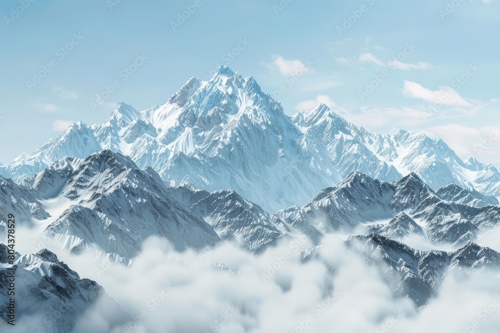 A beautiful landscape of snow-capped mountains rising above the clouds. The peaks are bathed in warm sunlight, while the valleys are shrouded in mist.
