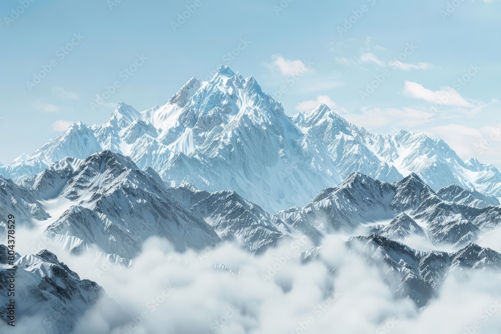 A beautiful landscape of snow-capped mountains rising above the clouds. The peaks are bathed in warm sunlight, while the valleys are shrouded in mist. A beautiful landscape of snow-capped mountains rising above the clouds. The peaks are bathed in warm sunlight, while the valleys are shrouded in mist.