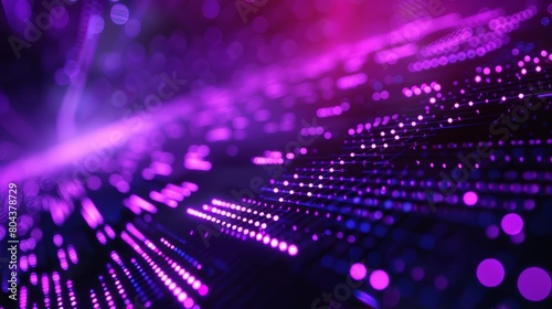 Create a 3D visualization of a glowing purple circuit board with pink highlights. The perspective is from a top-down view  and the circuit board is surrounded by a dark background.