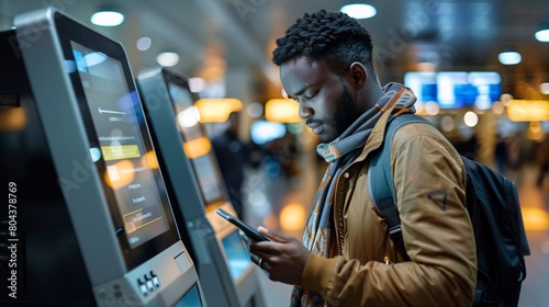 Airport ticket, self service and man with phone for online booking, fintech payment and digital registration. African business person at POS machine for flight schedule, e commerce and smartphone app photo