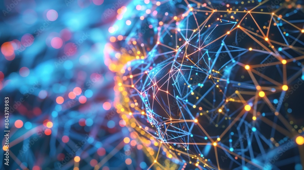 Creative glowing polygonal brain with bokeh background. 3D Rendering