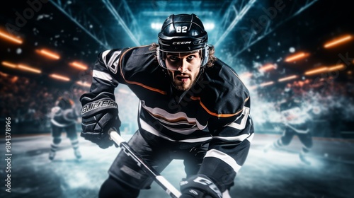 Pro ice hockey player shoots puck with blur effect in arena under cinematic lighting