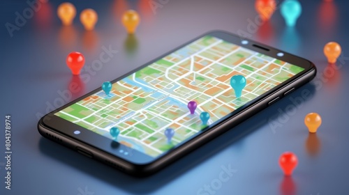 Smartphone with map, 3D Map pins, GPS, navigator pin checking points, 3D World Map icon, technology and application mobile smart phone with mobile, delivery tracking, transportation, generate by AI.