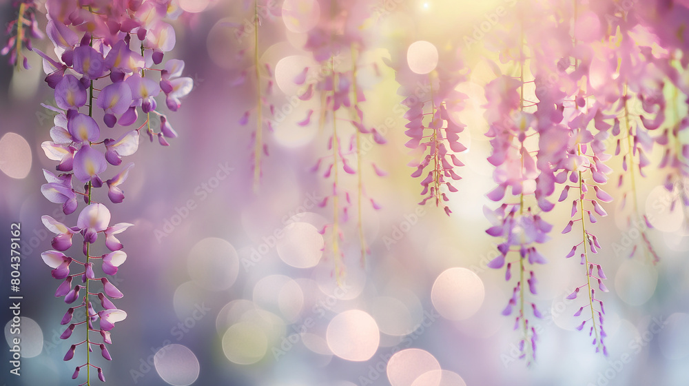 Banner with radiant wisteria blooms with soft bokeh background. Background with empty copy space for design. Generative AI Banner with radiant wisteria blooms with soft bokeh background. Background with empty copy space for design. Generative AI
