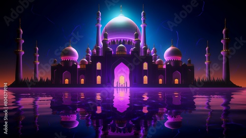 illustration of the mosque at night with reflection in water. Ramadan Kareem background