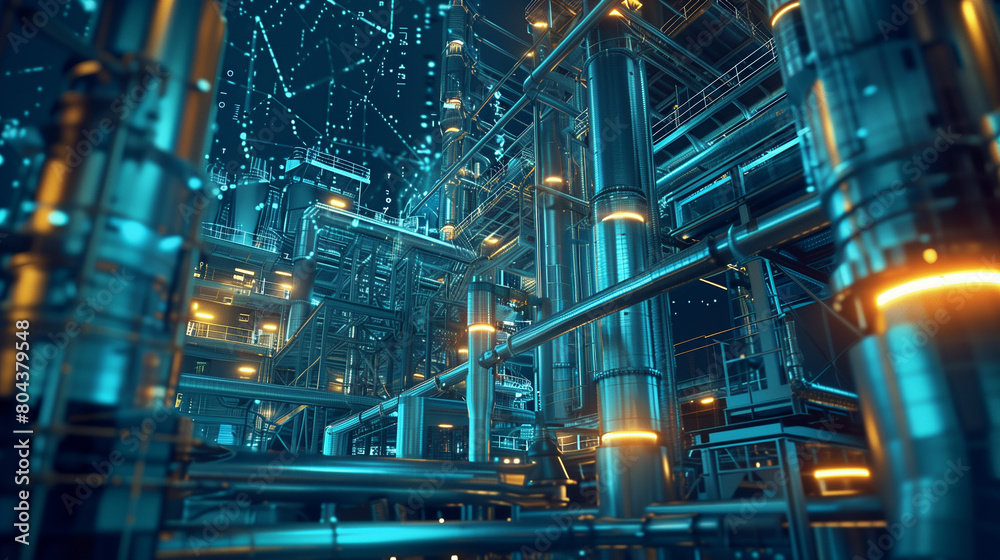 A futuristic industrial scene with a lot of pipes and wires. The image has a futuristic and industrial feel to it A futuristic industrial scene with a lot of pipes and wires. The image has a futuristic and industrial feel to it