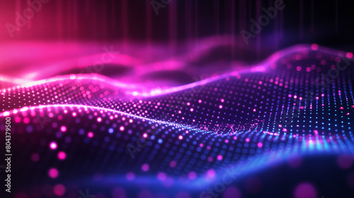 Abstract digital landscape of glowing pink and blue particles in motion. Futuristic background for tech, AI, data, audio, graphics. Generative AI