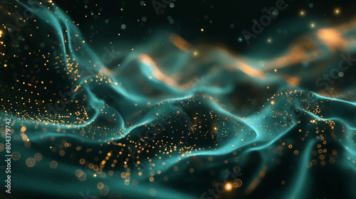 Abstract digital landscape of glowing teal or green particles in motion. Futuristic background for tech, AI, data, audio, graphics. Generative AI