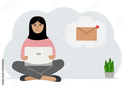 A woman sits cross-legged working with a laptop and opens an email. The concept of education, work, correspondence. Vector flat illustration