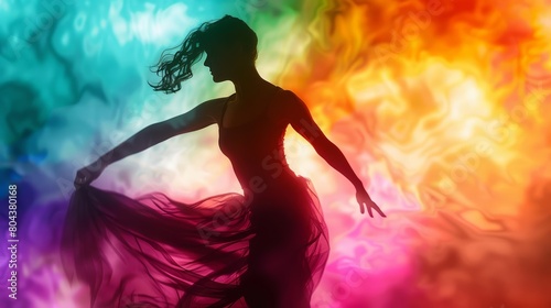 A woman dances in a colorful world, her movements graceful and elegant