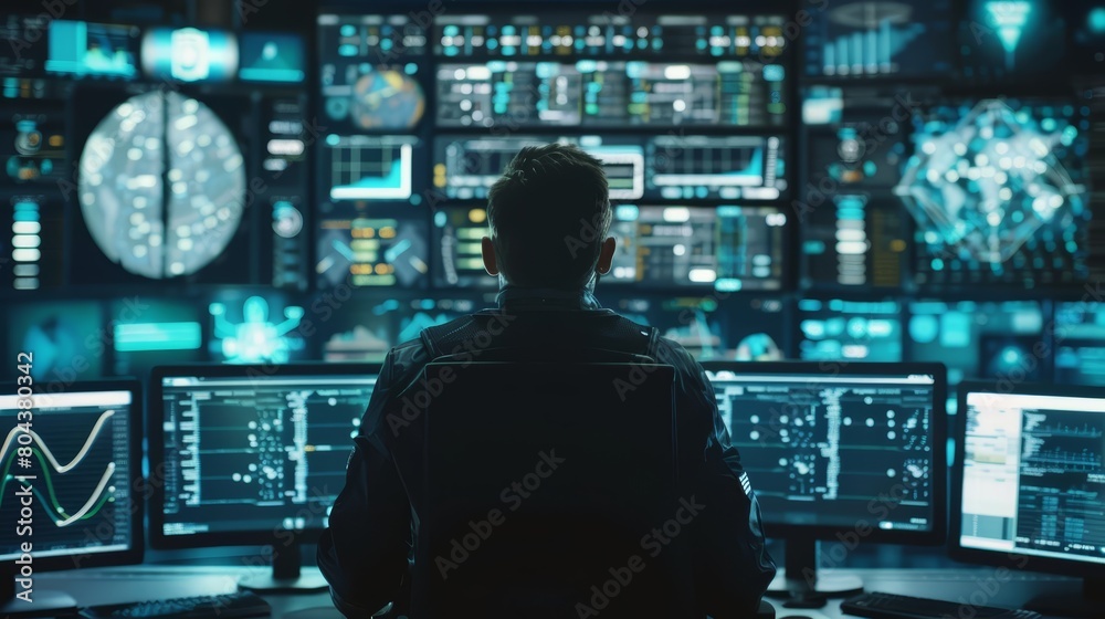 A young man sits in a dark room, surrounded by computer screens A young man sits in a dark room, surrounded by computer screens