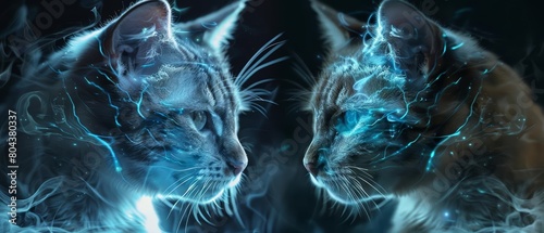 A digital painting of two cats facing each other, with their fur made of glowing blue energy. The background is a dark void. photo