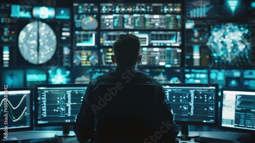 A young man sits in a dark room, surrounded by computer screens © JK_kyoto